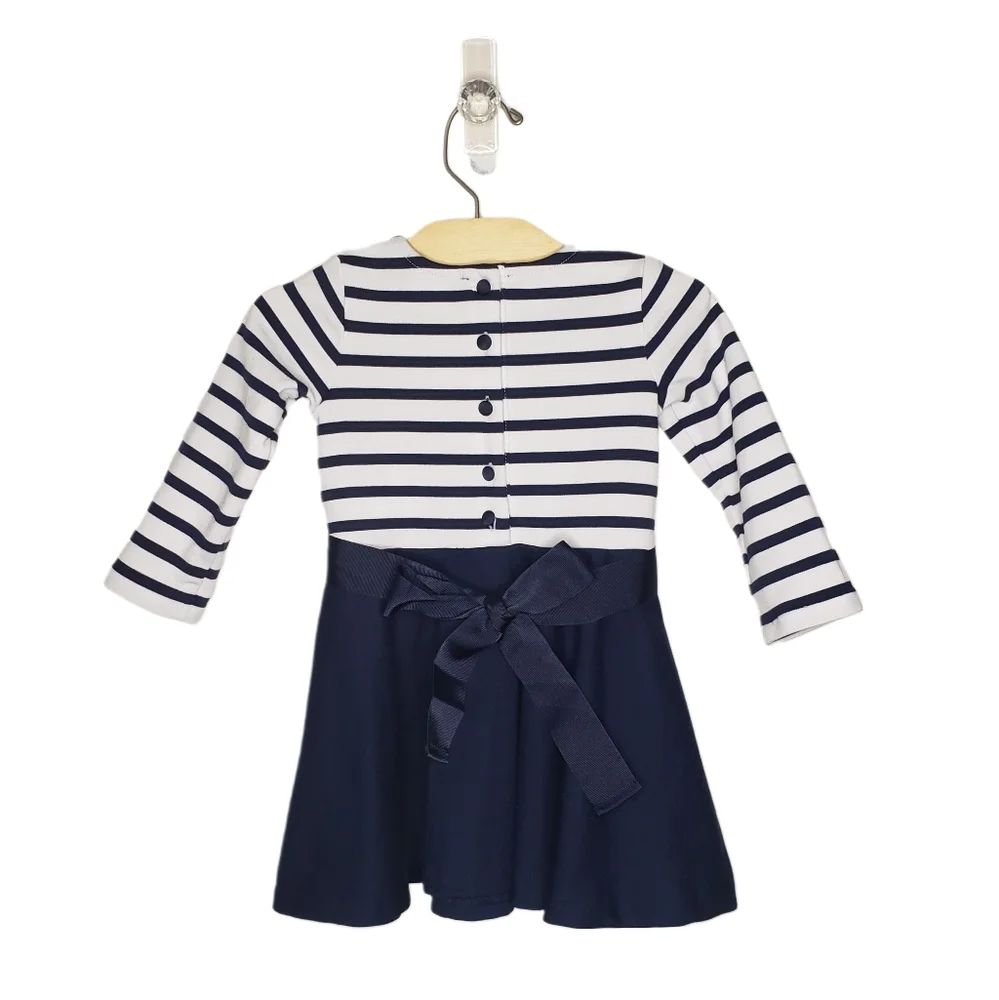 Ralph Lauren 12 months Baby Girl Striped Long Sleeve Navy & White Dress